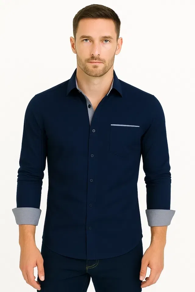 Men's Solid Full Sleeve Shirt (Navy Blue, XXL)