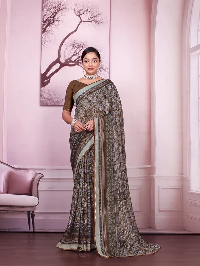 Georgette Printed Saree for Women (Brown, 6.3 m)