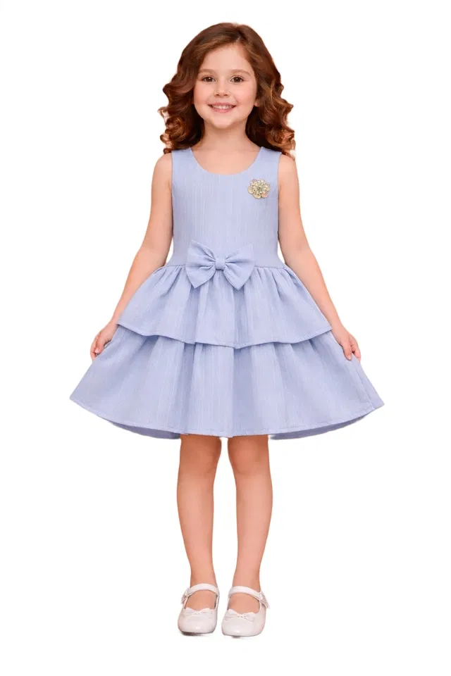 Printed Party Wear Dress for Girls (Sky Blue, 1-2 years)