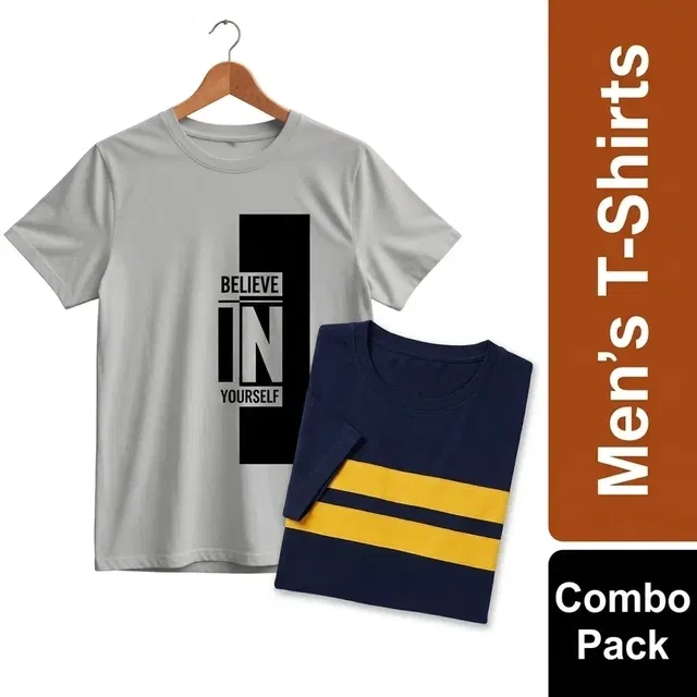 Men's Round Neck T-Shirts - Pack of 2, Grey & Blue, XL