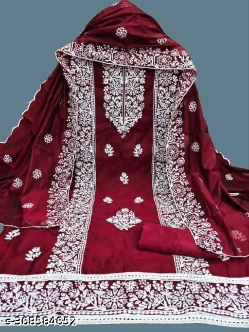 Chanderi Cotton Embroidered Punjabi/All Over Suits for Women (Maroon, Un Stitched)