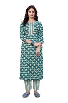 Cotton Blend Solid Kurta with Bottomwear for Women (Green, S)