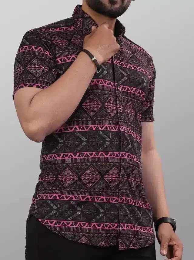 Half Sleeves Printed Shirt for Men (Pink, L)