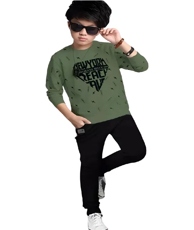 Cotton Blend Clothing Set for Boys (Olive & Black, 14-15 Years)