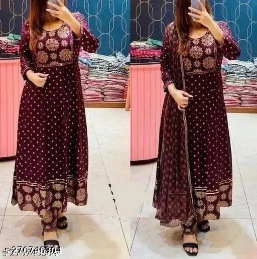 Printed Anarkali Dupatta Set for Women (Purple, 4XL)