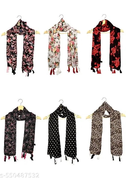Chiffon Scarves for Women, Black, Pack of 6