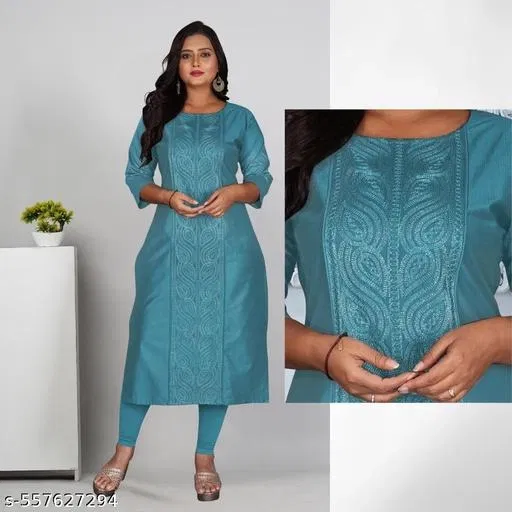 Floral Printed Cotton Silk Kurti for Women (Blue, M)