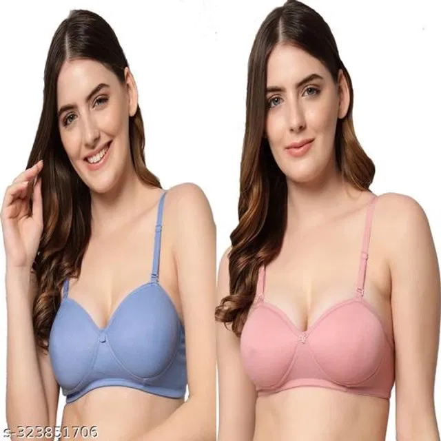 Cotton Blend Solid Padded Bra for Women (Blue & Pink, 40B) (Pack of 2)