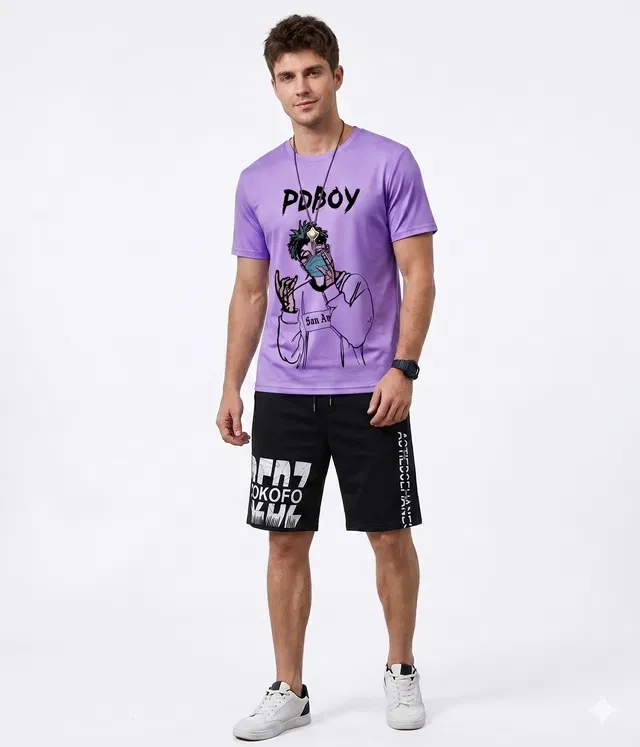 T Shirt and Shorts Set for Men, Pack of 2 (Lavender, L)