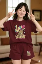 Cotton Blend Printed Top & Bottom Set for Women, Maroon 
