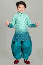 Dupion Silk Printed Kurta with Dhoti for Boys, Sea Green 