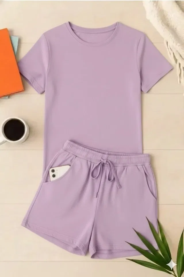 Cotton Blend Solid Top & Bottom Set for Women, Purple (S)