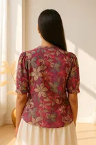 Women's Tropical Floral Print Mandarin Collar Top, L 