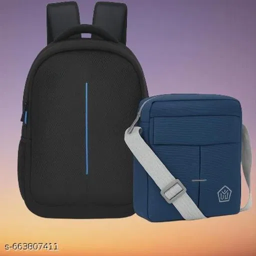 Polyester Backpack with Cross Body Bag for Men, Black, Set of 2