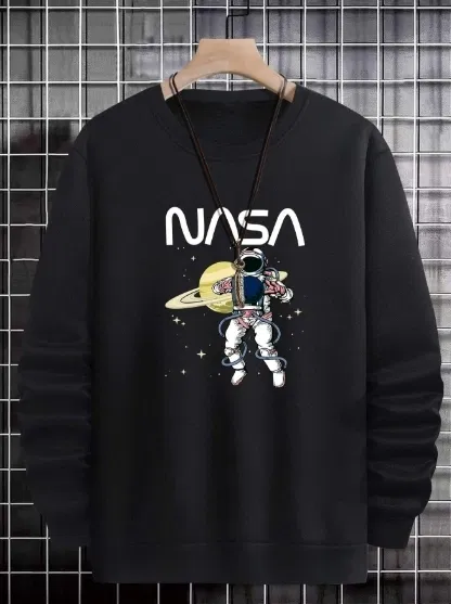 Fleece Printed Sweatshirt for Men (Black, L)