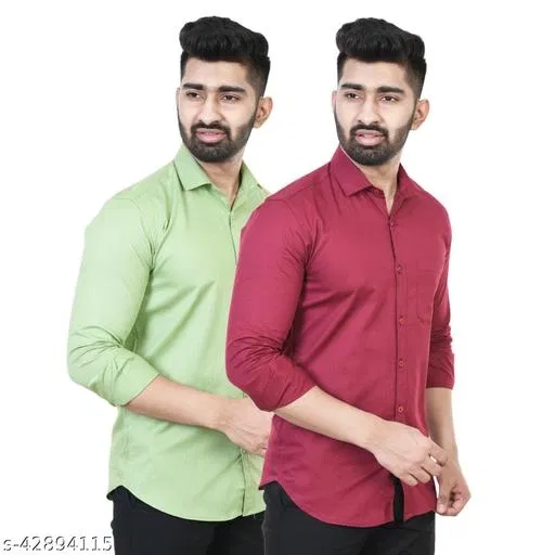 Cotton Blend Solid Shirt for Men, Multicolor, Pack of 2 (L)