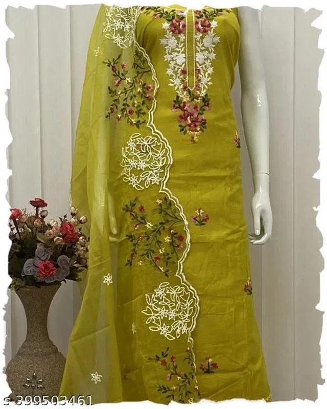 Embroidered Unstitched Suit for Women (Olive, 2.25 m)