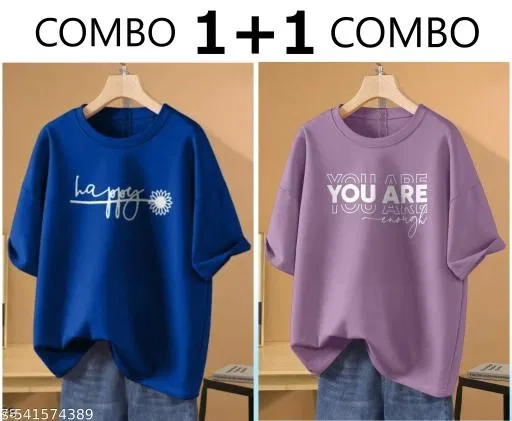 Cotton Blend Printed T-shirt for Women, Navy Blue & Purple, Pack of 2 (XS)