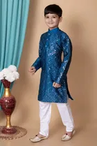 Dupion Silk Embellished Kurta with Payjama for Boys, Blue & White 