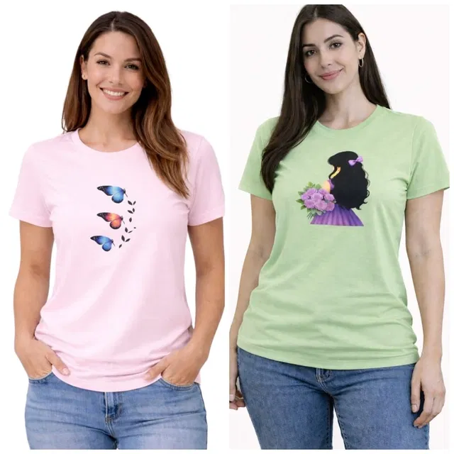Cotton Blend T-shirt for Women, Green & Pink, Pack of 2 (M)