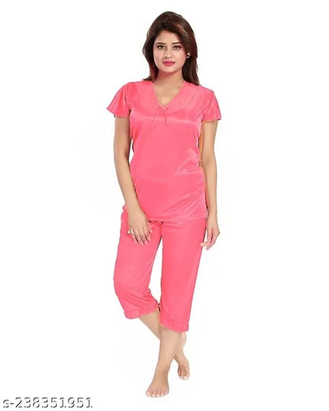 Satin Nightsuit Set for Women (Pink, L)