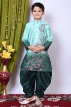 Dupion Silk Printed Kurta with Dhoti for Boys, Green 