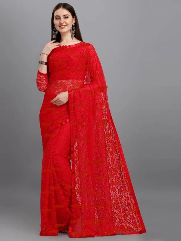 Net Embroidered Saree for Women (Red)
