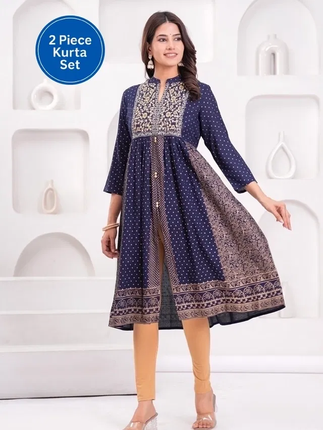Rayon Floral Print Women's Kurta with Pant Set (Blue, M)