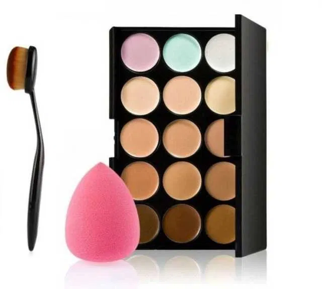 Lenon Combo of MN Pro Contour 15 pallets long lasting cream Concealer Beauty Blender Contour Brush (Set of 3) (S-86)