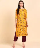 Crepe Floral Print Women's Kurta with Pant Set (Yellow, S)