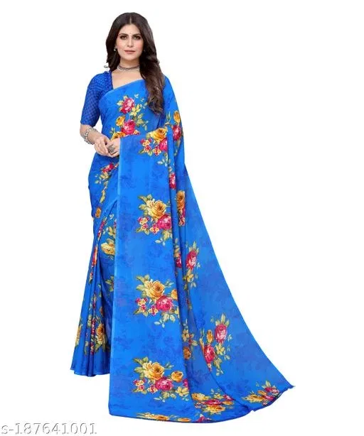 Georgette Floral Printed Saree for Women (Blue)