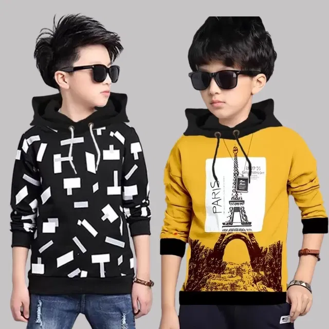 Cotton Blend Hooded Sweatshirts for Boys (Black & Mustard, 13-14 Years) (Pack of 2)