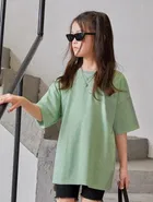Round Neck Printed T-Shirt for Girls (Green, 6-7 Years)