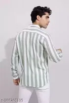Cotton Blend Striped Shirt for Men, White & Green 