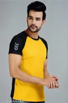 Round Neck Solid T-Shirt for Men (Yellow & Black, M)