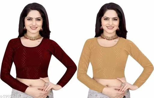 Lycra Ready Made Blouse for Women, Yellow & Maroon, Pack of 2 (30)