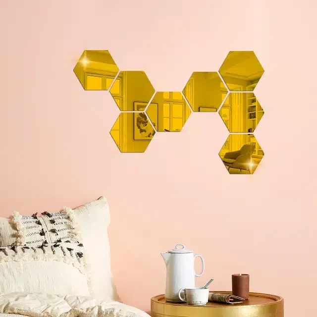 Acrylic Hexagon Shaped Wall Mirror Stickers (Gold, Pack of 8)