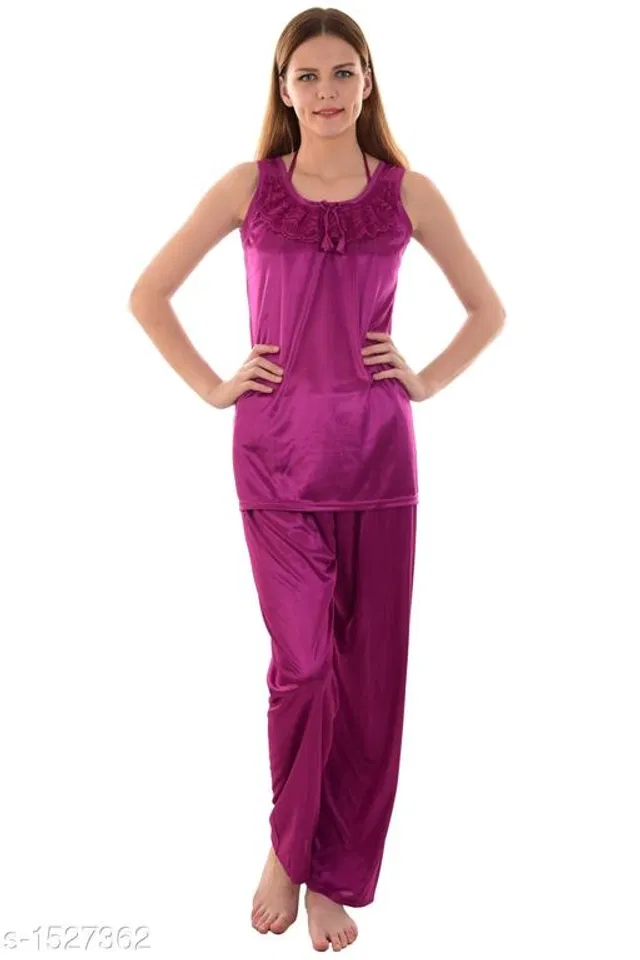 Satin Nightsuit Set for Women (Purple, L)