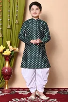 Dupion Silk Printed Kurta with Dhoti for Boys, Bottle Green & White 
