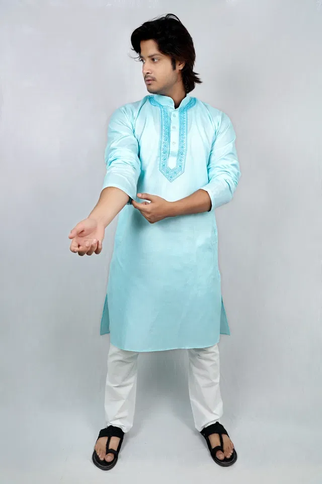 Cotton Solid Kurta with Pyjama for Men (Sky Blue & White, M)