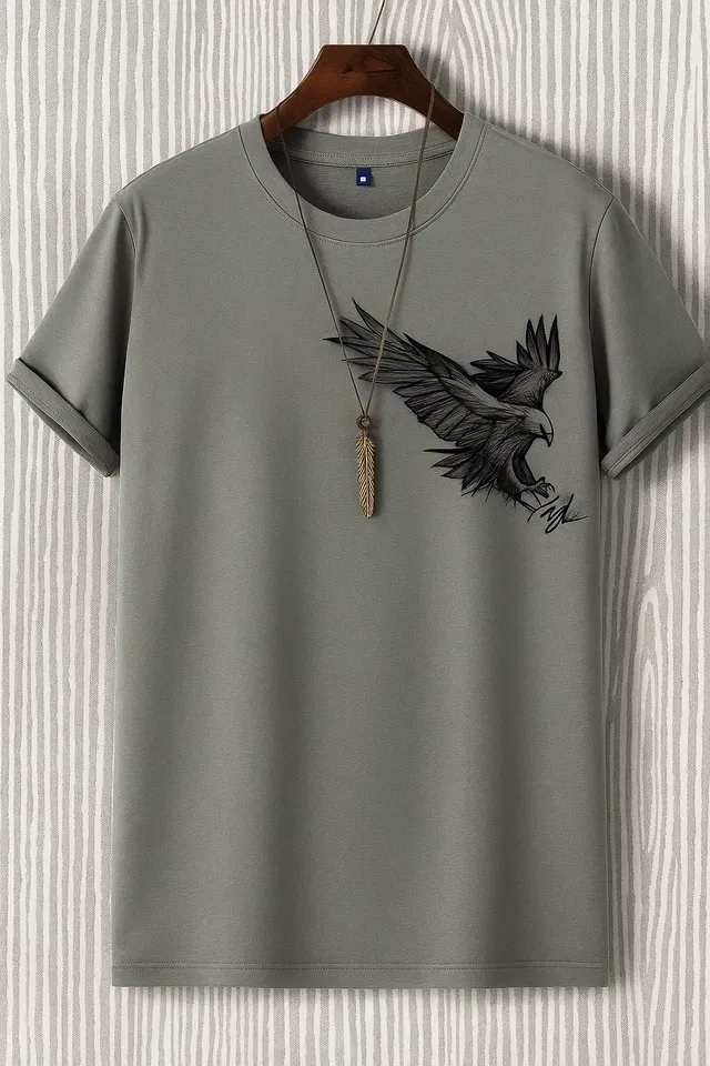 ROund Neck Printed T-shirt for Men (Grey, L)
