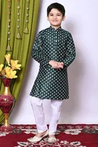 Dupion Silk Printed Kurta with Payjama for Boys, Bottle Green & White 