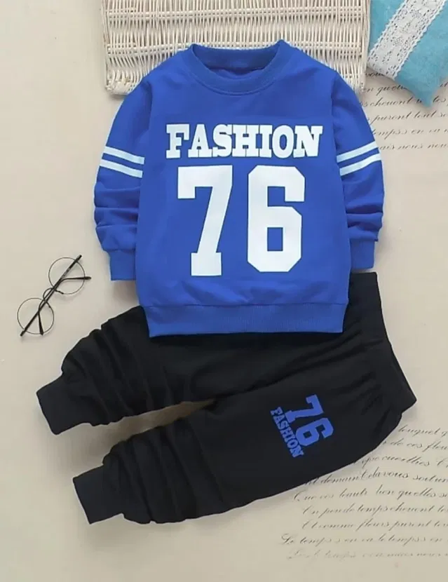 Hosiery Printed Clothing Set for Kids (Blue & Black, 1-2 Years)