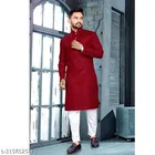 Solid Kurta with Pyjama Set for Men (Red & White, XL)