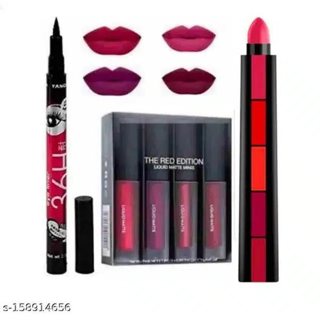 Combo of Mini 5-in-1 Lipsticks with 4 Pcs Waterproof Liquid Lipsticks & Eyeliner (Multicolor, Set of 3)