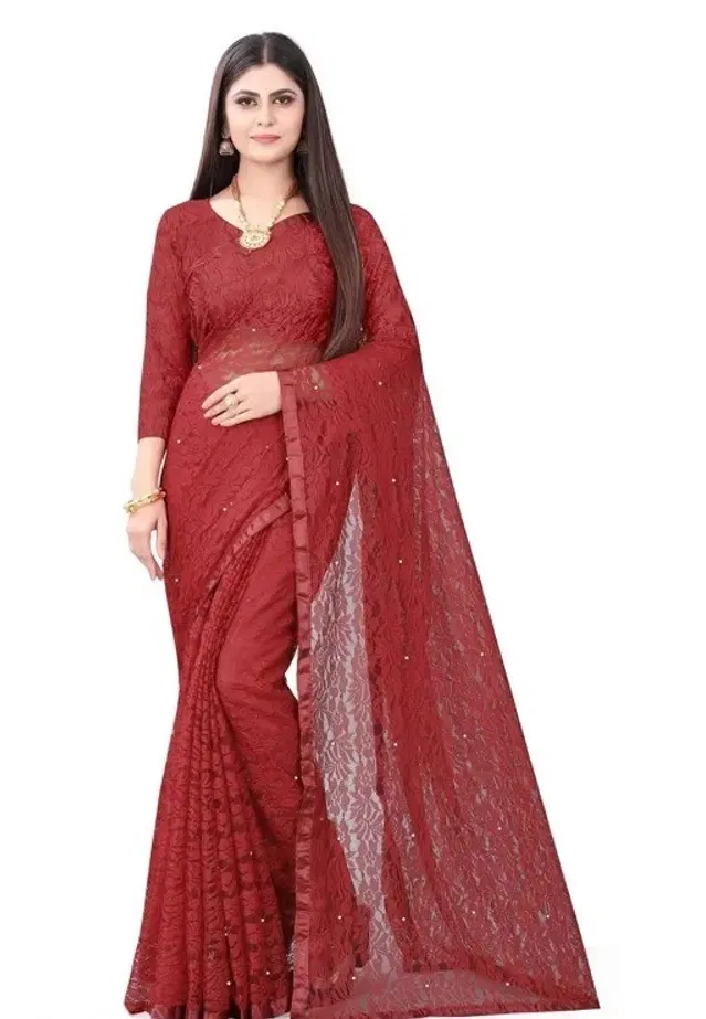 Net Solid Saree for Women (Maroon, 6.3 m)