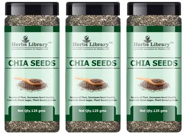 Herbs Library Natural Black Raw Chia Seeds (Pack of 3, 125 g)