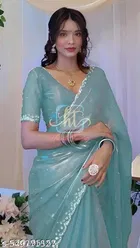 Organza Embellished Saree for Women, Sky Blue 