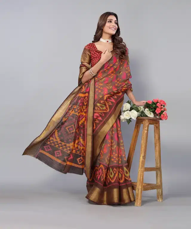 Women's Designer Printed Linen Zari Border Saree with Blouse Piece (Brown) (S-56)