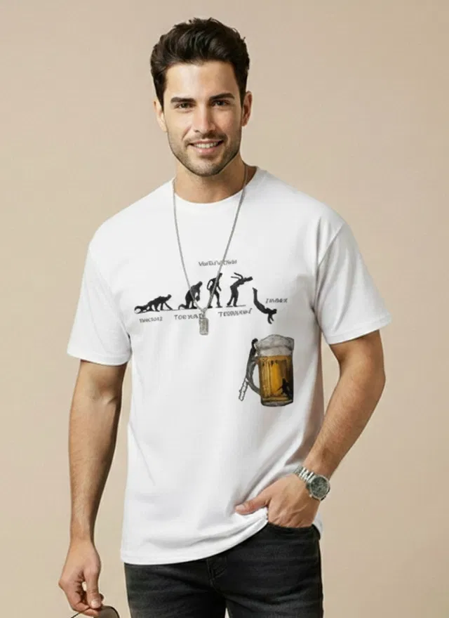 Polyester Printed T-shirt for Men, White (L)